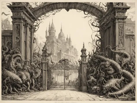 a drawing of a gate with a castle in the background