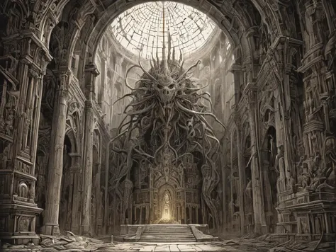 masterpiece, highly detailed drawing, a blasphemous monster floats inside  an intricate temple before the ruined statue of a dark god, light shining through full colored stained glass window above the altar, ominous signs and iconography, complex geometric patterns, clean lines, <lora:LLBretonXL2:0.7> llbreton, monochrome <lora:Peter_Gric_style_SDXL:0.8> Gric