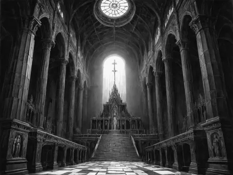 masterpiece, highly detailed drawing, a blasphemous ritual is taking place in an intricate temple before the ruined statue of a dark god, light shining through full colored stained glass window above the altar, ominous signs and iconography, complex geometric patterns, clean lines, <lora:LLBretonXL2:0.8> llbreton, grayscale, monochrome <lora:Peter_Gric_style_SDXL:0.8> Gric