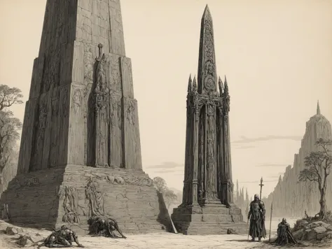 arafed view of a monument with a man standing in front of it