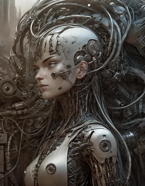 portrait Intertwined cyborgs, mechanical organisms, surreal machinery, dystopian landscapes, merging realities, futuristic archi...