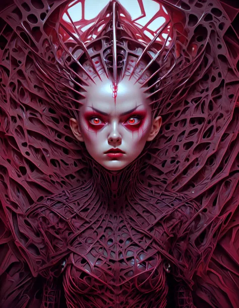 portrait biomechanical Twisted geometric patterns, kaleidoscopic nightmares, shattered illusions, blood-red angles, haute coutur...