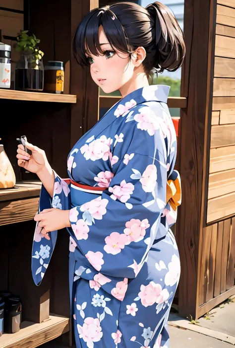 araffe in a kimono standing in front of a shelf with jars and jars