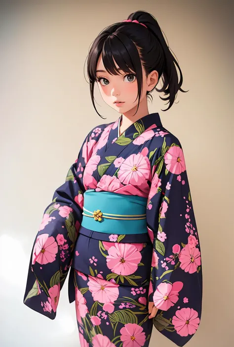 (masterpiece, best quality), 1girl,   Dark green Low Ponytail with a Twist, small breasts,  jyojifuku,obi,wide sleeves, yukata, dress, floral print