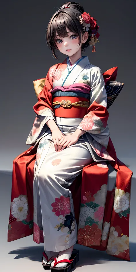 (masterpiece,ultra-detailed,best quality,8K,CG,illustration,shaved:1.0),(petite girl:1.2),  <lora:more_details:1> ,simple background, <lora:jyoji fuku v15.0:0.4> jyojifuku, furisode, kimono, long sleeves, hair ornament, sitting