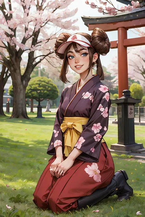 anime girl in kimono outfit sitting in front of a gate