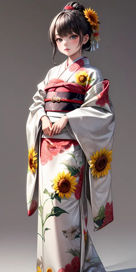 (masterpiece,ultra-detailed,best quality,8K,CG,illustration,shaved:1.0),(petite girl:1.2),  simple background, jyojifuku, furisode, kimono, long sleeves, hair ornament, sunflower theme