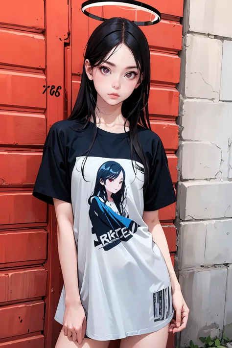 8k high quality detailed,highres,anime,comic,detailed image,
(an illustration of a teenage girl posing,(an illustration of girl,teenage girl)),(magazine_illustration),
(, Rio,1girl,red eyes\(Circle)\,halo\(red)\,black hair,very_long_hair,medium breasts),(Pout),detailed_face,
((Leaning against a graffiti-covered wall, looking cool and urban in a street style pose,):0.8),
((, jyoji fuku,dress,shirt):0.85),(,realistic clothing texture,realistic_skin_texture),<lora:Rio:0.65>,<lora:jyoji fuku v3.0:0.45>,<lora:more_details:0.2>