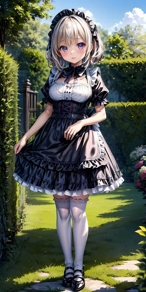 (masterpiece,ultra-detailed,best quality,8K,CG,illustration,shaved:1.0),(petite girl:1.0) simple background, 
 jyojifuku, frills, apron,thighhighs,shoes,garden,outdoor,sky,bow lkp, breasts