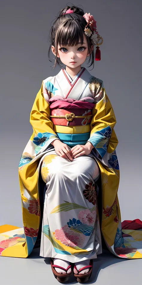 (chef-d&#39;œuvre,ultra-détaillé,Meilleure qualité,8k,CG,illustration,Rasé:1.0),(petite fille:1.2),  fond simple, jyojifuku, furisode, kimono, manches longues, ornement de cheveux, Séance