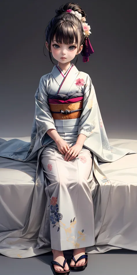 (masterpiece,ultra-detailed,best quality,8K,CG,illustration,shaved:1.0),(petite girl:1.2),  simple background, jyojifuku, furisode, kimono, long sleeves, hair ornament, sitting