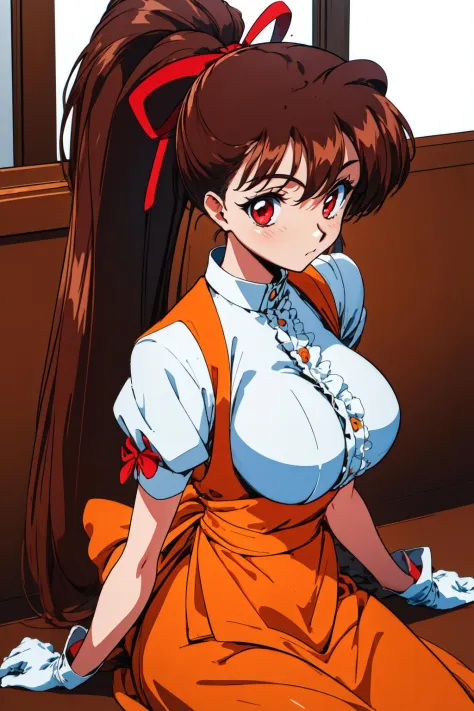 1girl, restaurant,
yuuka, huge breasts, red eyes, brown hair, long hair, red ribbon, hair ribbon, very long hair, high ponytail, ponytail, white gloves, frilled shirt, underbust, waitress, short sleeves, orange skirt, skirt, best quality, masterpiece, highres, 