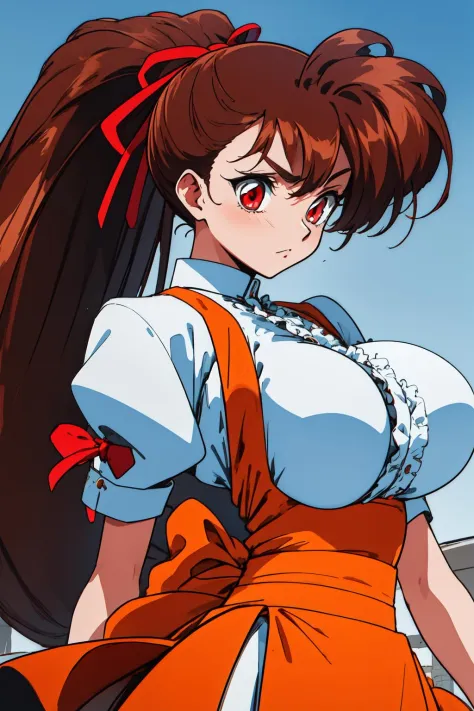 1girl, upper body, blue sky, fighting stance, serious, 
yuuka, huge breasts, red eyes, brown hair, long hair, red ribbon, hair ribbon, very long hair, high ponytail, ponytail, white gloves, frilled shirt, underbust, waitress, short sleeves, orange skirt, skirt, <lora:VG_Yuuka_lora_ver1:0.7>, best quality, masterpiece, highres, <lora:GoodHands-vanilla:1>