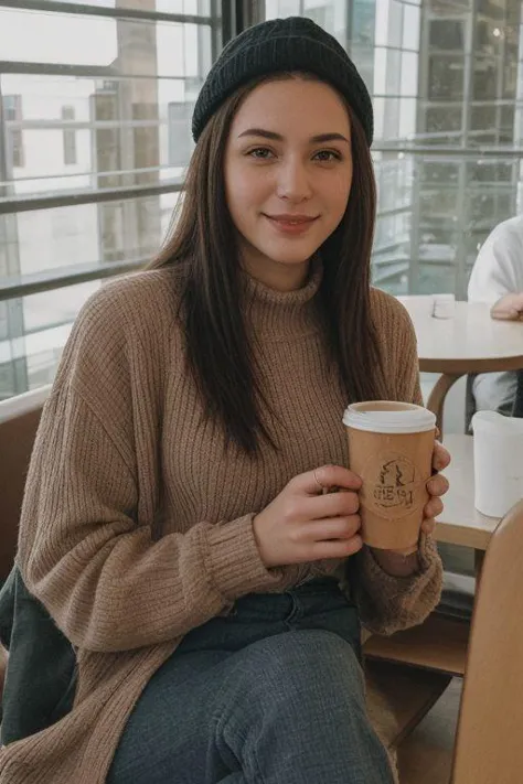 a woman sitting in a restaurant. highly decorated..
wearing winter clothes (sweater, pants, and hat)
brunette, dark long straigh...