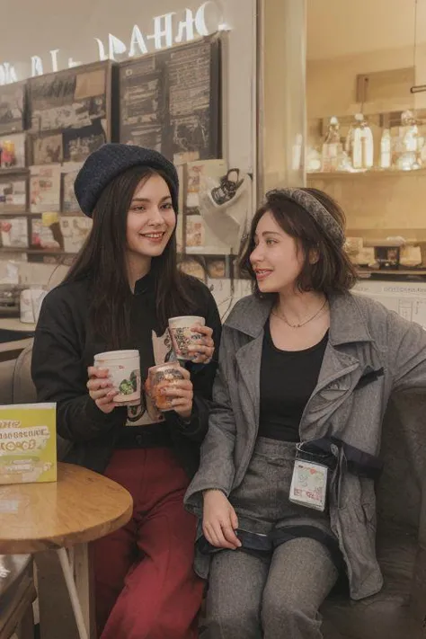 two women sitting in a cafe. highly decorated..
wearing winter clothes (jacket, pants, and hat)
brunette, dark long straight hai...