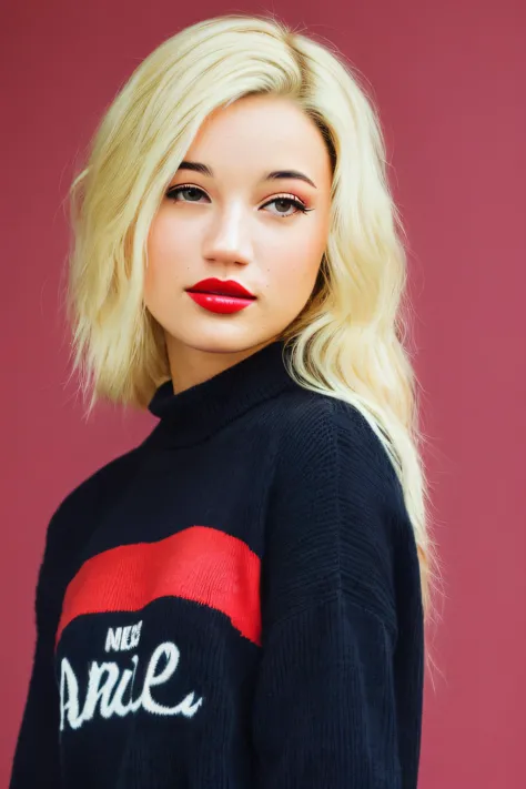 a woman with blonde hair and red lipstick posing for a picture