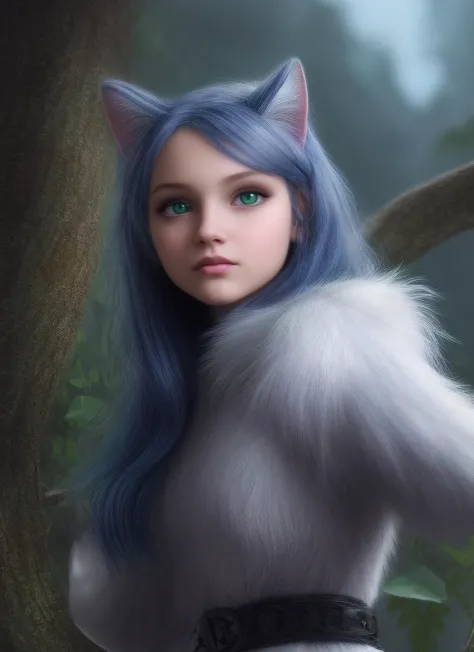 a close up of a woman with blue hair and a furry cat costume