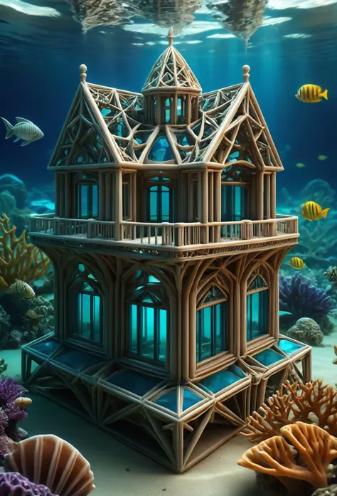 a large wooden house surrounded by corals and fish in the ocean