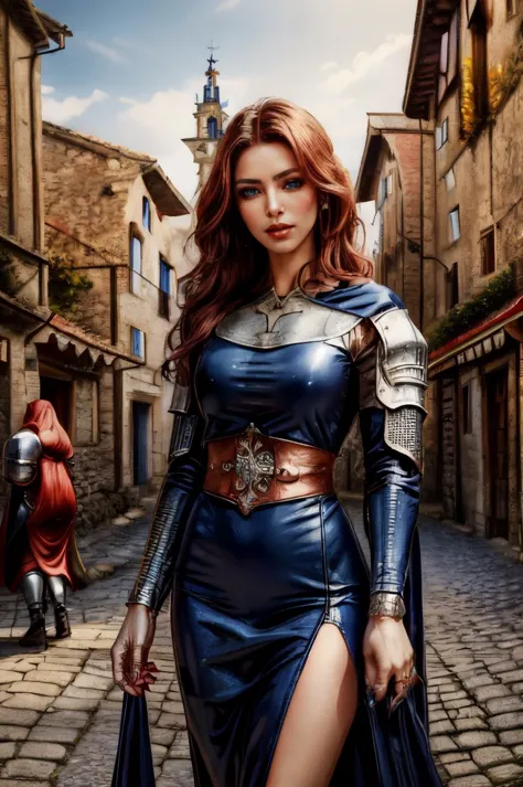 a woman in a blue dress and armor walking down a cobblestone street