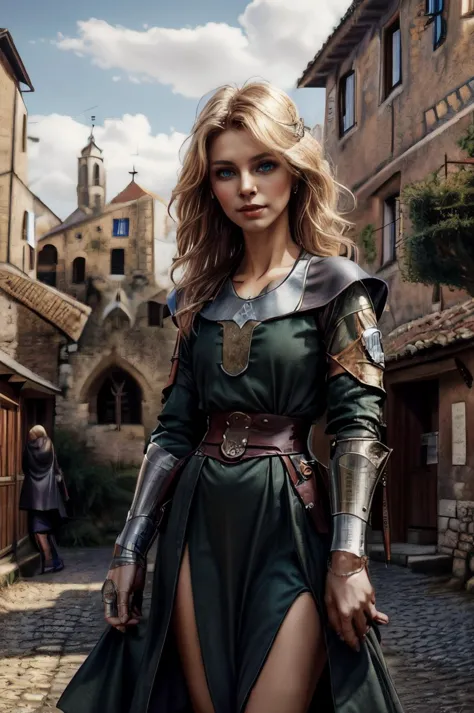 a woman in a green dress and armor standing on a cobblestone street