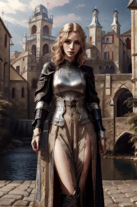 a close up of a woman in armor standing on a brick road