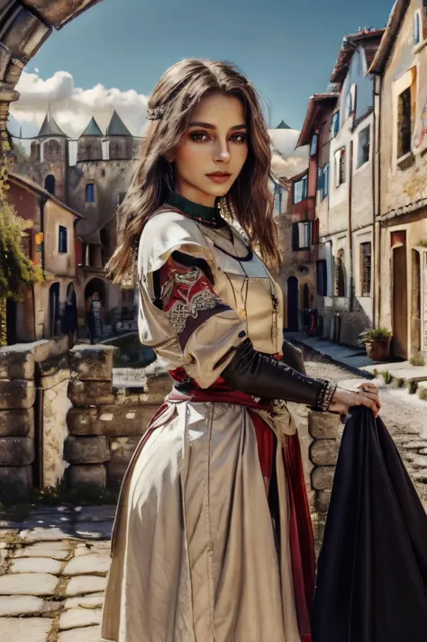 a woman in a medieval dress standing in a cobblestone street