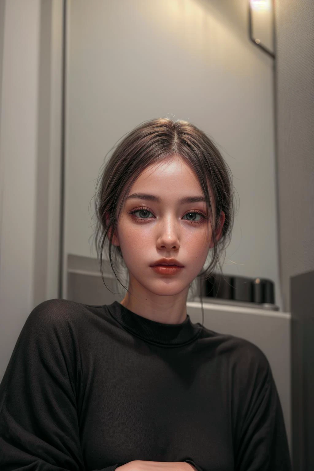 (woman:2), woman standing in bathroom wearing a grey shirt, black hair with blonde highlights, perfect face, perfect nose, perfect hair, perfect eyes, (((8k, masterpiece, photography, realistic))),   