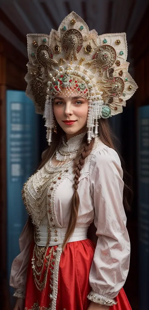 8k, UHD, photorealistic ((full-body)) slender Russian woman, personification of the Soviet Union, hairstyle of two braids, in a fitted utilitarian Russian national costume, decorated with stones and metal beads, in a Soviet Hall, ((dilated pupils)), huge headdress, kokoshnik, friendly expression on her face, ((detailed skin, visible pores on the skin)), ((narrow waist, large breasts)), correct anatomy, against the background of brutalist Soviet architecture, DSLR, Nikon Z 55 mm, depth of focus, detailed background
<lora:kks-fan:1.1>   kks_f4n, smirk, inviting pose
  <lora:ClothingAdjuster3:-1>