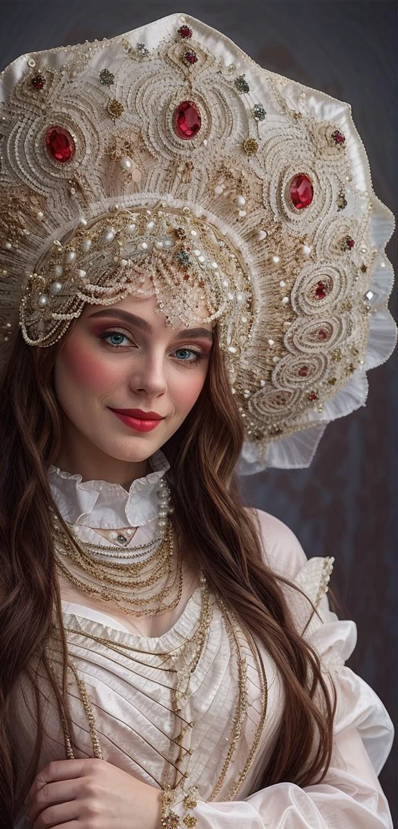 8k, 超高解像度, 写実的な ((全身)) ほっそりしたロシア人女性, 二つの三つ編みの髪型, 17世紀のロシアの民族衣装を着て, 真珠と宝石で飾られています, ロシアの小屋で,((瞳孔が広がる)), 巨大な頭飾り, ココシュニク, 彼女の顔には友好的な表情が浮かんでいた, ((詳細な肌, 皮膚の毛穴が目立つ)), ((引き締まったウエスト, 大きな胸)), 正しい解剖学, 補う, ロシアの自然を背景に, デジタル一眼レフ, ニコンZ 55mm, 焦点深度, 詳細な背景kks_ふ4n, ニヤニヤ, 誘うポーズ
  