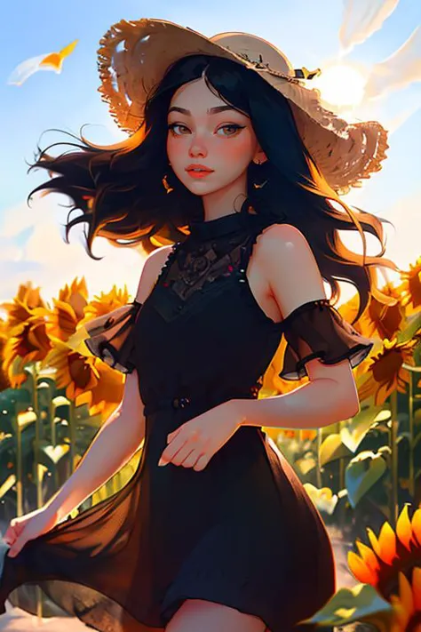 DEN_loveletters_SG,
(walking through a field of sunflowers wearing a (summer dress:1.3) and sun hat, field, sunflowers, summer, ...