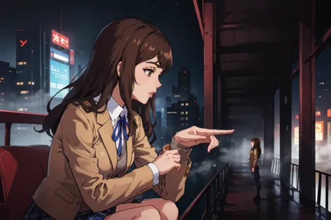 anime girl sitting on a bench looking at her phone