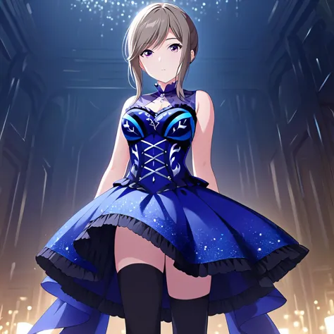 anime girl in a blue dress standing in a dark room