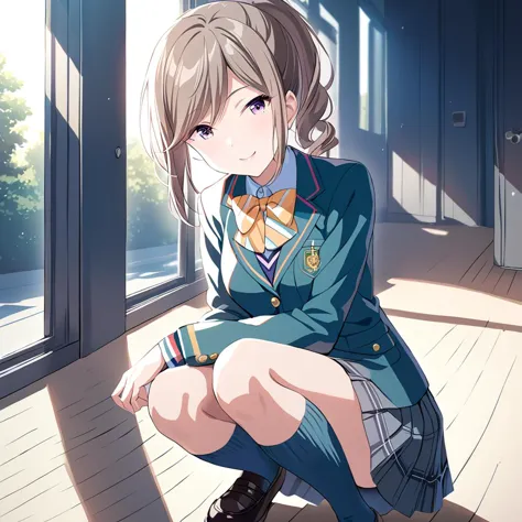 safe,masterpiece,shiraishi,1girl,smile,school uniform,bowtie,school socks,solo,shoes,looking at viewer,<lora:shiraishi:0.78>,Cinematic Lighting,