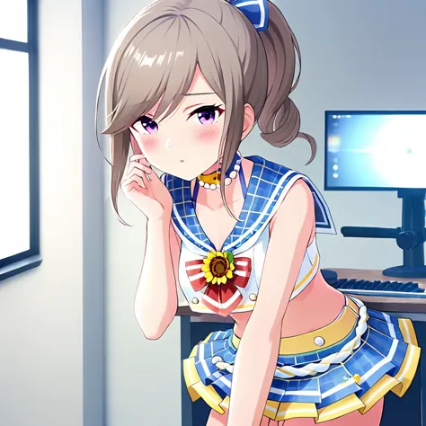 [high quality, best quality],[cinematic],(shiraishi:1.3),medium breasts,1girl,solo,looking at viewer,(SK_sailor collar:1.3),(SK_miniskirt:1.3),blush,hair bow,Studio,indoor,<lora:shiraishi5:0.75>,