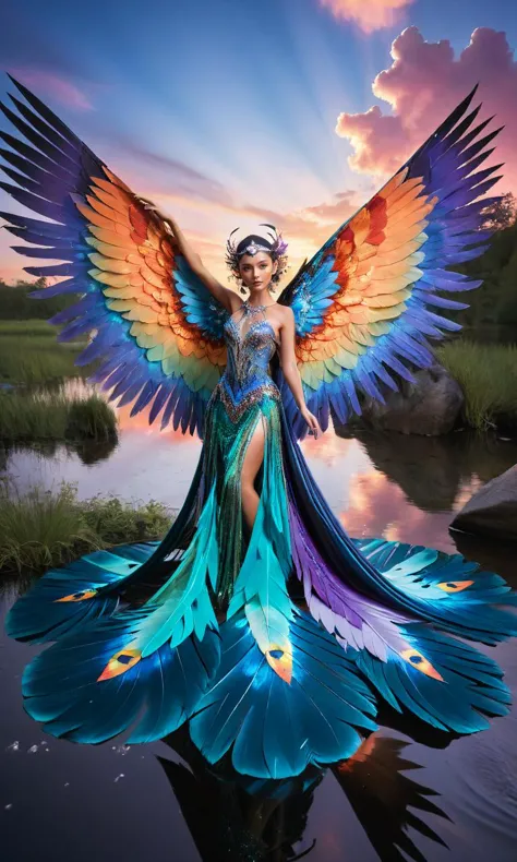 A dramatic portrayal of an alluring beauty with wings made of shimmering,iridescent feathers. She soars through a surreal,twilig...