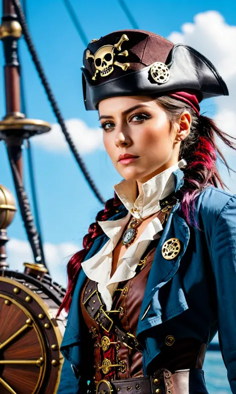Cinematic scene,portrait of a female steampunk pirate captain,detailed background,masterpiece,best quality,high quality,absurdre...