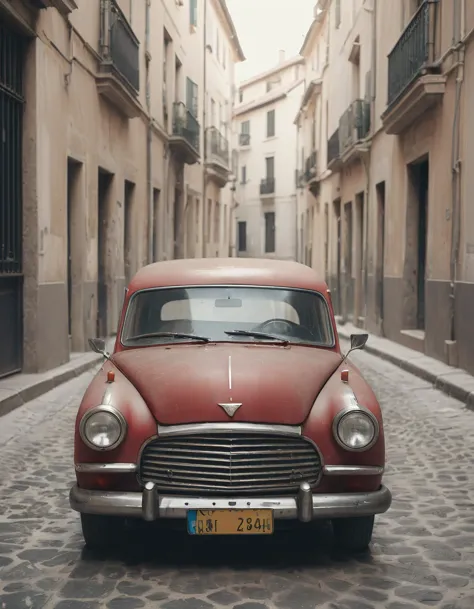 a vintage photo of an old car, front view, lonely side street, photorealistic, 35mm, film grain, 8k, uhd, masterpiece