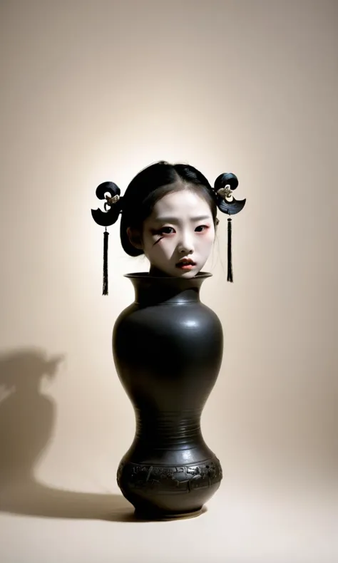 Chinese horror, supernatural, eerie composition,  decapitated cute girl head on vase mouth, pale makeup, distraught expression, ...