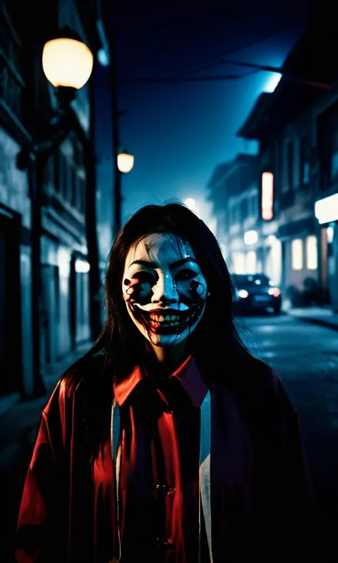 cinematic photo slit-mouthed woman, grotesquely wide smile cut ear-to-ear, haunting urban streets at night, mask covering the lo...