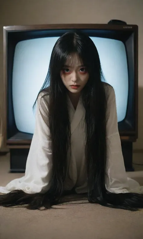 a woman with long black hair sitting in front of a tv