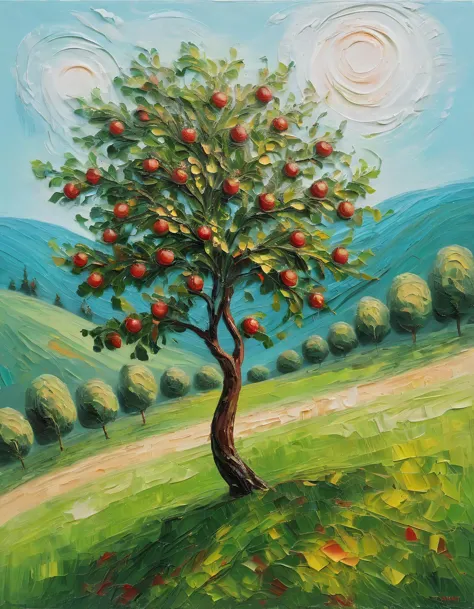 Impasto Painting, an apple tree standing on a hill in summer, 8k, uhd, masterpiece