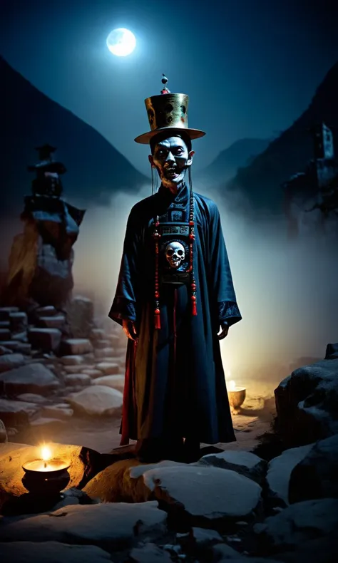 cinematic photo Chinese horror creature, ghost, Jiangshi folklore, hopping vampire, bulbous head, surreal lighting, candle atop ...