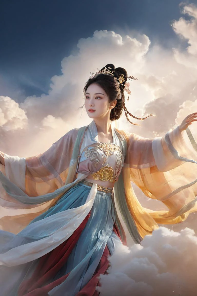 中國衣服, Hanfu,女英雄揮舞兩把劍, 雲霧繚繞. 她踏祥雲，騎雲端., 強烈的光芒在她背後照耀, ,中國衣服, Hanfu, 實際的 , 詳細的 , 燦爛, 金光, 氣勢非凡 , 雄偉, 華麗的, 闪亮的, sur實際的 portrait, 奇幻氛圍 ,(錯綜複雜的細節, hyper詳細的:1.3), 鏡頭光暈, 運動模糊,  (發光的氛圍, 迷人的光芒, 發光照明, 空灵的氛围, 迷人的光芒, 令人回味的色調, 迷人的色彩, 戲劇性的燈光, 迷人的光環),