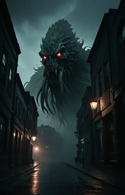 جماليات فيلم نوير, التصوير الفوتوغرافي استراحة جماليات سريالية, Cthulhu يحوم في السماء المظلمة فوق المدينة, بلغت ذروتها من خلال السحب الكثيفة الكثيفة, المخلوق الضخم ذو المجسات ذو العيون المتوهجة باللون الأحمر الشرير وفمه مليء بالأسنان الحادة. وحش, عالي, مخالب, إضاءة ذات نغمتين, مضاءة خافتة, ضبابي, الألوان الصامتة, ضبابي, كلاسيكي, النمط التناظري