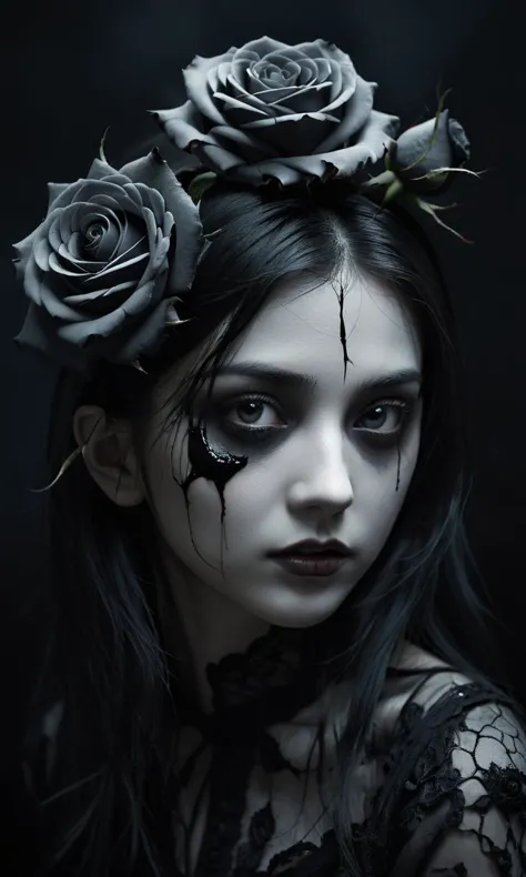 pretty female head, black rose, dark, focus eyes, . Eerie, unsettling, dark, spooky, suspenseful, grim, highly detailed, , surre...