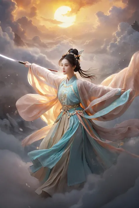 estilo chinês illustration, roupas chinesas, Hanfu,Uma heroína feminina empunha duas espadas, cercado por nuvens e névoa. Ela pisa nas nuvens auspiciosas e cavalga nas nuvens., Uma forte luz brilha atrás de suas costas, ,roupas chinesas, Hanfu, detalhado , esplêndido, Luz dourada, Momento extraordinário , majestoso, Magnífico, brilhando, Retrato surrealista, Atmosfera de fantasia ,(detalhes intrincados, hyperdetalhado:1.3),  desfoque de movimento,  (Ambiente brilhante, brilho encantador, Iluminação Luminosa, atmosfera etérea, brilho hipnotizante, tons evocativos, coloração cativante, iluminação dramática, aura encantadora), guofeng, estilo chinês,Arte oficial,extremely detalhado CG unity 8k wallpaper,