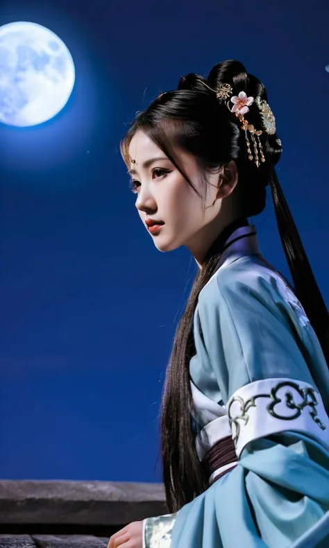 Fantasia oriental,fotografia em close de uma linda garota::2,16-18 anos,Hanfu,sentimento,sentimento clothes,retratando um misterioso assassino empoleirado no topo de um telhado antigo. Seu olhar calculista e postura equilibrada sugerem suas habilidades mortais.,enquanto o fundo iluminado pela lua adiciona um ar de intriga. Tons de azul frescos,noite de lua cheia,humor enigmático,comportamento calculado.,((obra de arte)),((melhor qualidade)),8K,altamente detalhado,Ultra-detalhado,