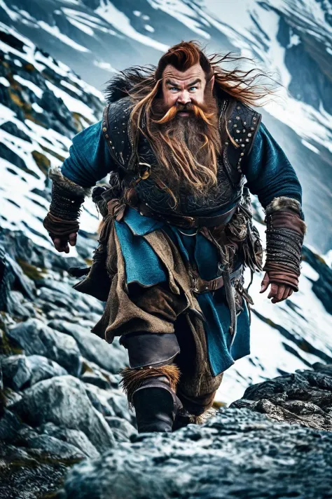 cinematic photo, western fantasy,Determined dwarf adventurer on a treacherous mountain path, Struggling against harsh winds, Cin...
