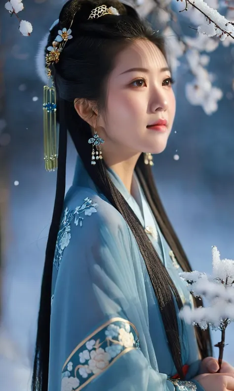 cinematic photo cinematic photo xsFantasy,oriental Fantasy,亚洲,中国人,a 1 cute Chinese girl with thin Face wearing hanFu,In the enchanting style oF 90s Cinematic photography,capture the beauty oF a Chinese girl::4 graceFully adorned in a HanFu attire amidst a winter wonderland. Against a backdrop oF a snow-covered landscape,she stands as iF emerging From a dream,her Flowing blue gown glistening like transparent ice. The soFt moonlight illuminates the scene,while a gentle haze oF smoke envelopes the air,营造出一种空灵而神秘的氛围. 组成::1 emphasizes the delicate intricacies oF her HanFu and the contrast with the snowy surroundings. The cool blue tones oF her dress harmonize with the moonlit ambiance and the soFt veil oF smoke,呈现出一种迷人而又超凡脱俗的图像. PanaFlex Platinum,35mm Focal length,F/2.5 光圈,ISO 400,快门速度 1/100.  . 35mm 照片,Film,散景,proFessional,4K,非常详细, . 35mm 照片, Film, 散景, proFessional, 4K, 非常详细