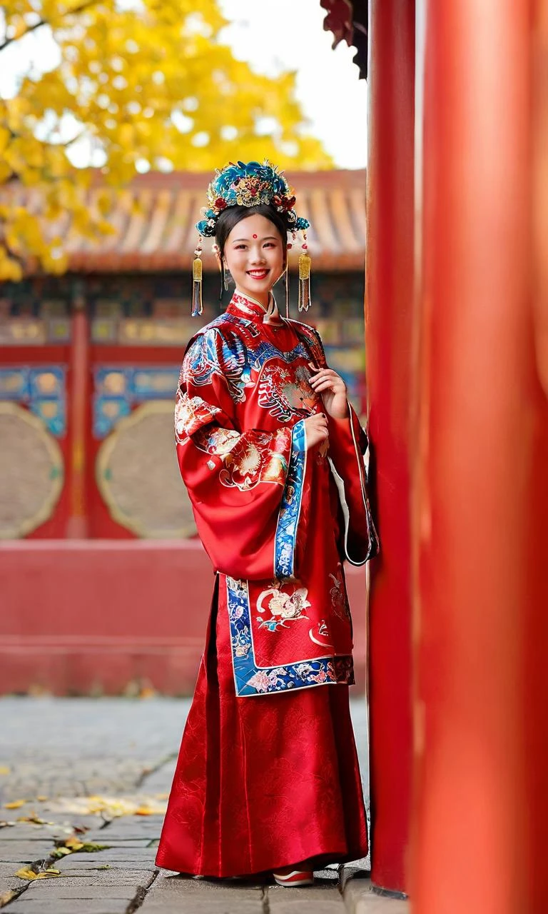 A creative photograph Featuring a girl dressed in a vibrant chinese red wedding dress,明,明 clothes,standing beFore the grand red gates oF a city wall. 她的笑容洋溢著喜悅與期待,contrasting beautiFully with the rich red surroundings. The composition exudes artistic Flair,採用富有想像力的燈光和皮影戲. The girl's expression captures the excitement and happiness oF the moment,her attire mirroring the historical charm oF Ming clothing. This scene is a Fusion oF history and modern creativity,傳統與當代美學的融合. 期待對細節的精緻關注的高品質攝影,capturing the emotions and aesthetics perFectly. 使用尼康 D850 拍摄,F/2.8光圈,ISO 200,1/100 快門速度,
